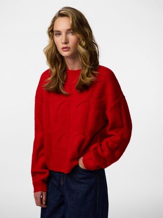 Pieces Strickpullover PIECES PCJENNA LS O-NECK CABLE KNIT NOOS BC, Damen, Gr. M, lila (goji berry), Strick, Obermaterial: 79% Polyester, 13% Polyacryl, 5% Wo