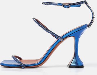 Amina Muaddi Blue Leather Gilda Ankle Strap Sandals