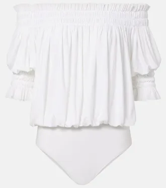 Norma Kamali Off-shoulder smocked bodysuit