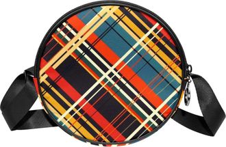 Generic Circle Crossbody Bag for Women, Colorful Plaid Small Sling Bag Daypack with Zipper Adjustable Shoulder Straps Casual Ladies Girls Round Purse