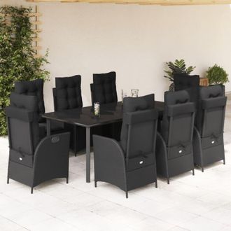 vidaXL Set De Comedor De Jard&iacute;n 9 Pzas Y Cojines Rat&aacute;n Sint&eacute;tico Negro Vidaxl