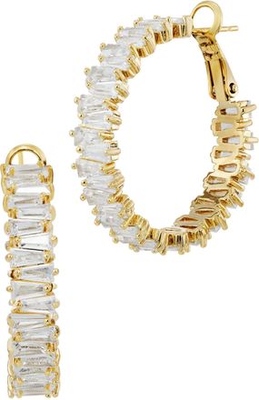 Savvy Cie Jewels 14K GOLD PLATED OVER BRASS WHITE CZ BAGUETTE HOOP EARRINGS