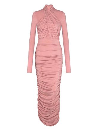 Balmain cross-neck pleated midi dress - women - Lyocell/Elastane - L - Pink