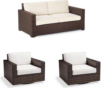 Frontgate Palermo 3-pc. Loveseat Set with Two Swivel Lounge Chairs in Bronze Wicker - Standard, Air Blue with Natural Piping - Frontgate