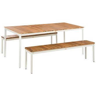 Beliani Mesa De Comedor De Jard&iacute;n Moderna Con 2 Bancos De Madera De Acacia Con Listones Y Estructura De Metal Marr&oacute;n Giovinazzo