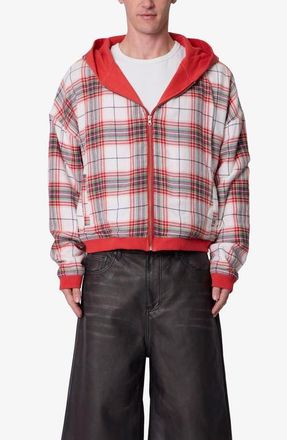 mnml Reversible Flannel Zip Hoodie in Red at Nordstrom, Size Xx-Large