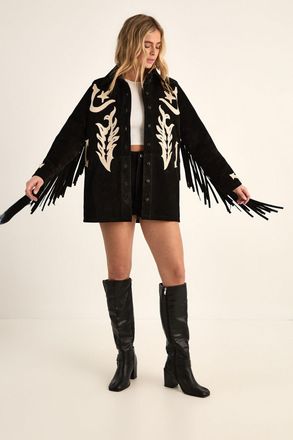 NASTY GAL Womens Real Suede Embroidered Western Shirt - Black Leather - Size 10 UK
