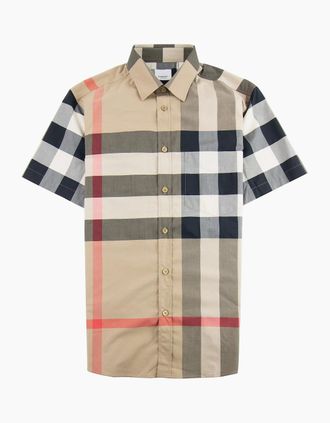 Burberry Mens Burberry Short-sleeve Check Stretch Cotton Poplin Shirt Archive Beige - Tan - Size: 38/Regular