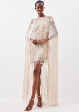Karen Millen Fringe Cape Mini Dress in Silver at Nordstrom, Size 10