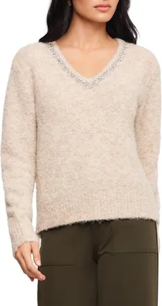 Fifteen Twenty Ash Embellished V-Neck Sweater in Oatmeal at Nordstrom, Size X-Small