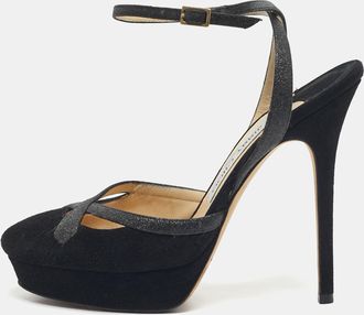 Jimmy Choo London Black Glitter And Suede Platform Ankle Wrap Pumps