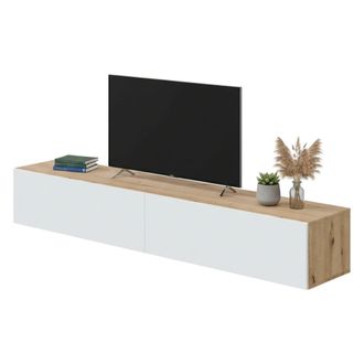 Dmora Mueble Tv Vincennes, Mueble Tv Con 2 Puertas, Mueble De Sal&oacute;n Suspendido, 180x35h28 Cm, Node Roble Y Blanco Brillo, Con Embalaje Reforzado - Dmora