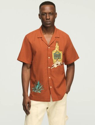 Lucky Brand Mens Short Sleeve Embroidered Camp Collar Shirt