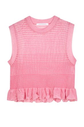 Cecilie Bahnsen Sheer Knit Sleeveless Crop Top with Fringed Hem
