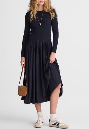 Madewell Rib Mixed Media Long Sleeve Midi Dress in Classic Navy at Nordstrom, Size Xx-Small