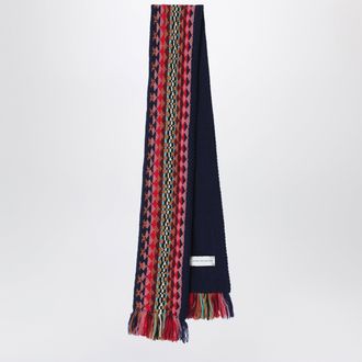 Dries Van Noten Navy blue wool scarf with multicolour jacquard pattern