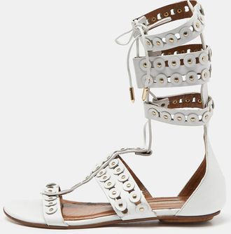 Aquazzura White Studded Leather Strappy Gladiator Flat Sandals