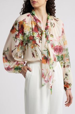 Kobi Halperin Galen Floral Tie Neck Chiffon Top in Ecru Multi at Nordstrom, Size Small