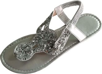 Generic Women Arch Support Slingback Sandals Summer Beach Ankle Strap Thong Elastic Flat Footwear Comfortable Casual Walking Shoes (Silver, 5.5)