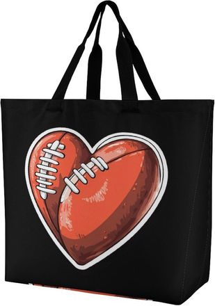 Generic Rugby Footballer Heart Shape Football Reusable Shopping Bags Large Capacity Grocery Bag Heavy Duty Tote for Women 40x40x16cm