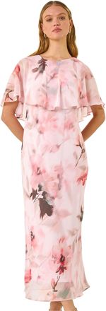 Roman Womens Floral Frill Chiffon Cape Midi Dress - Pink - Size 10 UK