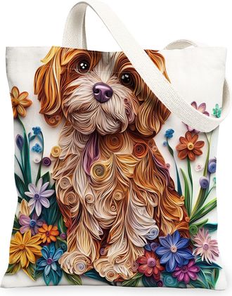 Generic Paper Quilling Cavachon Dog Canvas Tote Bag for Shopping 13x15, Fun Wildflower Puppy Reusable Grocery Print Pattern Bag for Women, Pet Beach Aesthetic