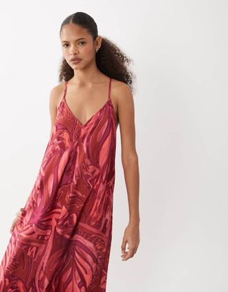 Vila Vestito lungo con spalline incrociate sottili rosso con stampa tropicale-Multi