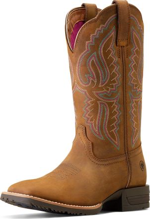 Ariat Womens Hybrid Ranchwork Wide Square Toe Western Boots in Distressed Tan, B Medium Width, Size 3, by Ariat