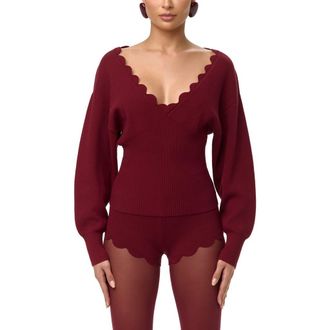Naked Wardrobe Scallop Trim V-Neck Sweater in Red at Nordstrom, Size X-Large