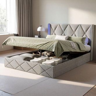 OEM Cama Doble 160x200 - Acolchada - Cabecera Con Mesita Led - Gris - Dise&ntilde;o Contempor&aacute;neo
