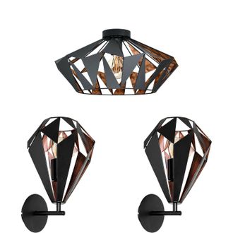 Loops Low Ceiling Light & 2x Matching Wall Lights Black Copper Geometric Lamp Shade