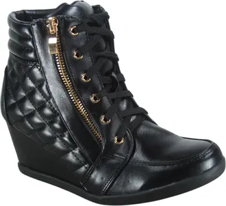 Forever Link Womens Fashion Glitter High Top Lace Up Wedge Sneaker Shoes, Black Pu, 9 UK