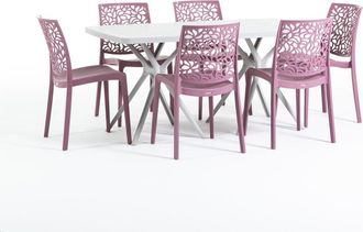 Siediti Fuori e Dentro Conjunto de resina mesa rectangular gris 158x84 cm y 6 sillas rosa