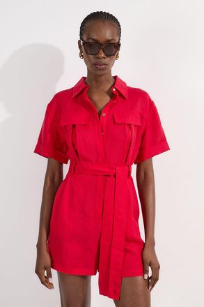 Karen Millen Womens Viscose Linen Woven Belted Playsuit - Red - Size 6 UK