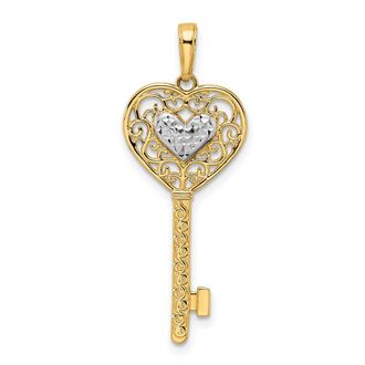 Diamond2Deal 14k Yellow Gold White Rhodium Diamond-cut Heart Filigree Key Pendant
