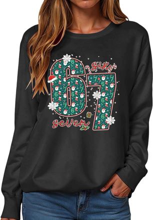 Generic Six Seven Christmas Jumpers for Women Christmas 67 Long Sleeve Sweatshirt Xmas Santa Six Seven Pullover Tops Black
