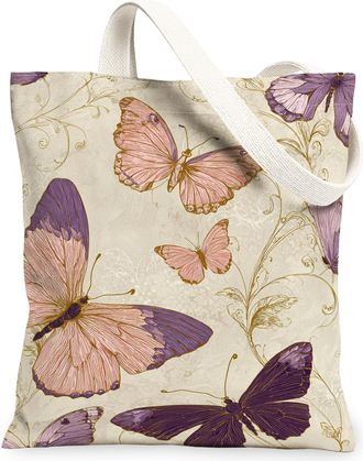 Generic Butterfly Floral Canvas Tote Bags, Elegant Insect Print Reusable Bags, Spring Vintage Lightweight Washable Canvas for Beach, Violet, 13x15 Inch
