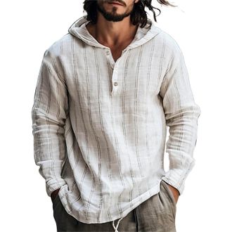 Generic Linen Shirts Men Long Sleeve Plain Breathable Hoodies Lightweight Casual Beach Shirt Loose Button Placket Summer Shirts Striped Details Summer Casual 