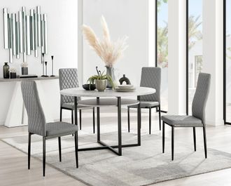 Furniturebox Adley Grey Concrete Effect & Black Round Dining Table with Shelf & 4 Faux Leather Milan Dining Chairs
