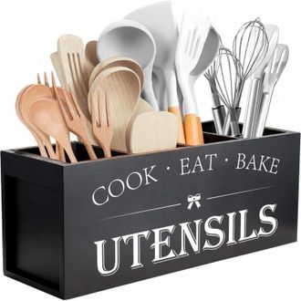 Gabrielle Portautensili da cucina extra large con 4 scomparti, organizer per utensili da cucina in legno, arredamento rustico per cucina, nero