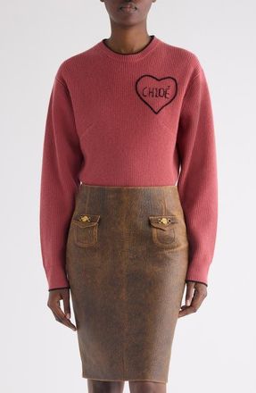 Chlo&eacute; Embroidered Logo Crop Wool & Cashmere Sweater in Coppery Pink at Nordstrom, Size X-Small