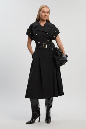 Karen Millen Womens Petite Polished Tailored Button Detail Pleated Midi Dress - Black - Size 14 UK