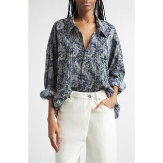 R13 Drop Neck Pintuck Paisley Print Button-Up Shirt in Blue Indigo Paisley at Nordstrom, Size X-Large