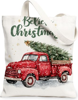 Generic Christmas Truck Canvas Tote Bags, Holiday Tree Design Reusable Bags, Vintage Lightweight Washable Shoulder Strap Canvas for Travel 13x15 Inch
