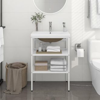 Berkfield Home Bathroom Washbasin Frame with Built-in Basin White Iron