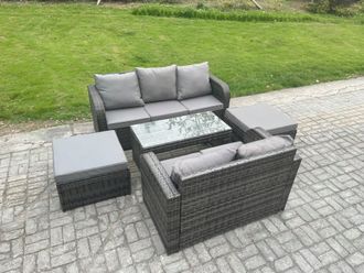 Fimous 7 Seater Outdoor Rattan Garden Furniture Set with Patio Lounge Sofa Set with 2 Big Footstool Dark Grey Mixed