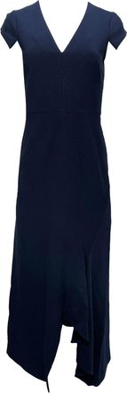 Roland Mouret Kinglake Midi Asymmetrical V-Neck Dress in Navy Blue Polyester