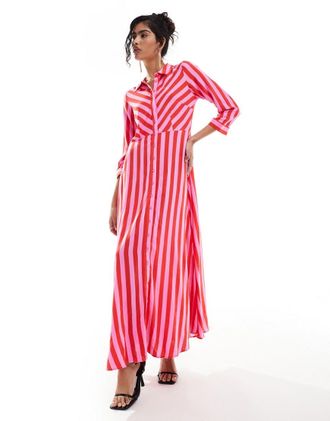 Vero Moda maxi shirt dress in pink and red stripe-Multi