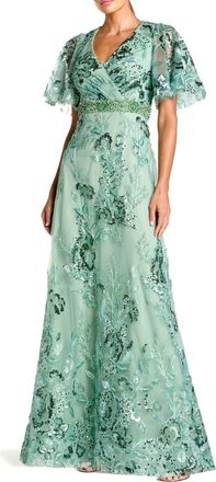 Mac Duggal Floral Embellished Short Sleeve Faux Wrap Gown in Sage at Nordstrom, Size 16