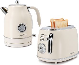 MegaChef 1.8 Quart Electric Tea Kettle and 2 Slice Toaster Combo in Matte Cream